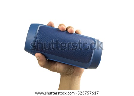Man hands holding portable bluetooth speaker on white background,Clipping Path.