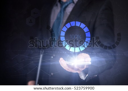 Businessman Use Smartphone And Selecting Loading 100%, Touch Screen. Virtual Icon. Graphs Interface. Business concept. Internet concept. Digital Interfaces
