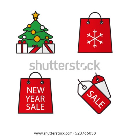 New Year and Christmas shopping color icons set. Decorated Xmas tree with gift boxes, store bags, sale labels. Isolated vector illustrations