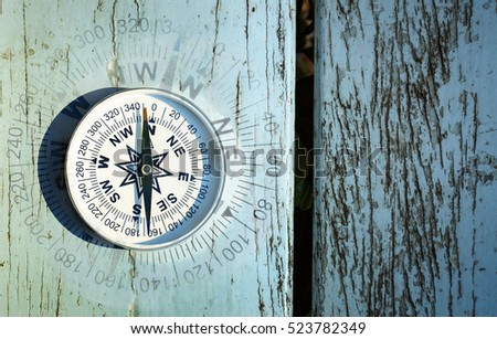compass on old wood table, find the right direction concept, flat top view