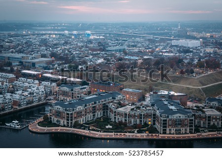 Aerial view of the Inner Harbor and Federal Hill, in Baltimore, Maryland.