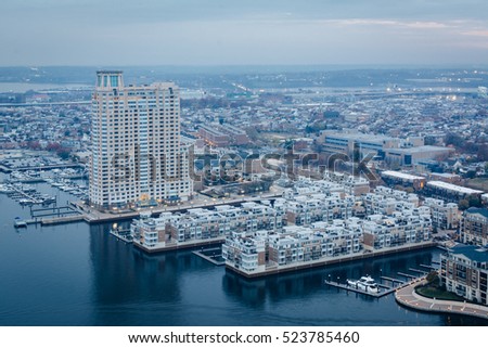 Aerial view of the Inner Harbor and Federal Hill, in Baltimore, Maryland.