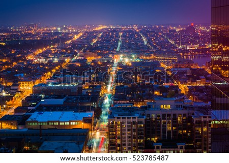 View of Harbor East and Canton at night, in Baltimore, Maryland.