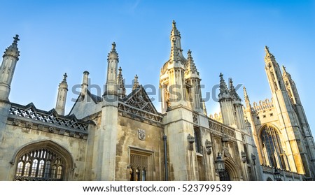 Front wall of historic building in Cambridge, UK at sunny day.