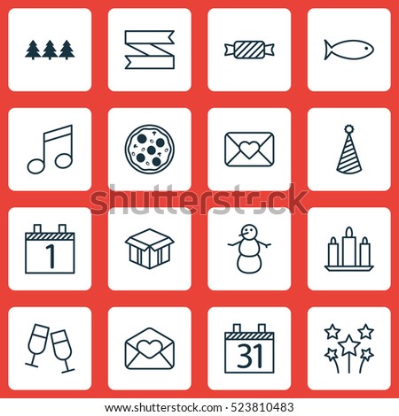 Set Of 16 Holiday Icons. Can Be Used For Web, Mobile, UI And Infographic Design. Includes Elements Such As Pizza, Love, Pizzeria And More.