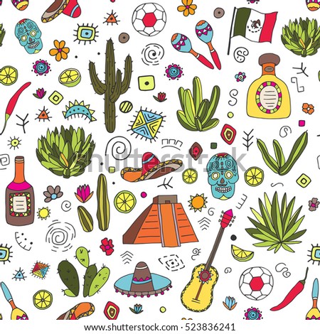 Doodles seamless pattern of Mexico - Temple of Kukulkan, tequila, sombrero, agave, maracas and other culture elements. Vector illustration