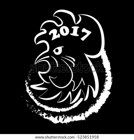 Vector outlined isolated rooster head on black background. Decorative new year symbol. Element for your designs as banners, posters, logos, etc.