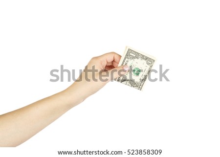Isolated female's hand holds one dollar on white background.