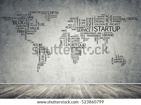 Concept of global business with world map on concrete wall