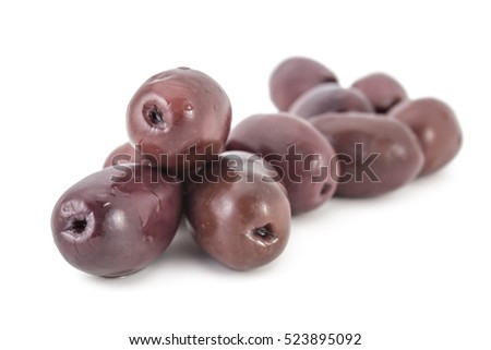 Heap of fresh raw purple black kalamata olives, isolated on white background