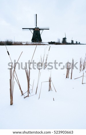 Windmill in a winter landscape with snow and ice at Kinderdijk Holland