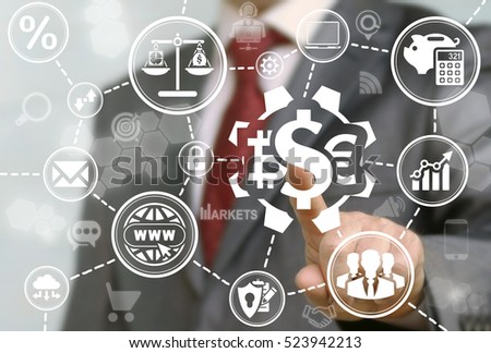 Business finance automation gear currency dollar eur bitcoin concept. Man presses money cogwheel button on virtual screen on background of network financial banking icon. Trading exchange market.