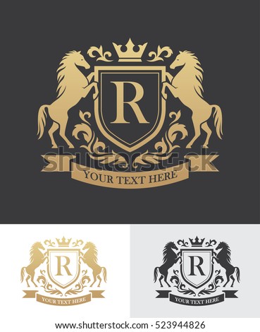 Retro golden crest with shield and two horses. Can be used as logo, emblem or banner for luxury, royal or vintage design concept.
