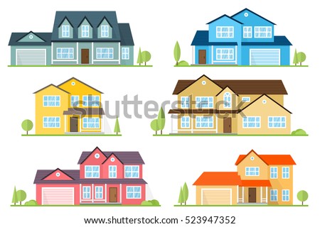 Vector flat icon suburban american house. For web design and application interface, also useful for infographics. Family house icon isolated on white background. Neighborhood with homes illustrated.