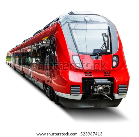 Creative abstract railroad travel and railway tourism transportation industrial concept: red modern high speed passenger commuter train isolated on white background Royalty-Free Stock Photo #523967413