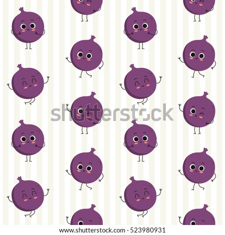 Fig, vector seamless pattern with cute fruit characters on stripy background