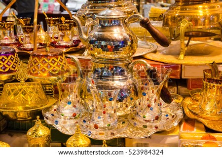 Traditional tea and coffee sets at the Egyptian Bazaar and the Grand Bazaar in Istanbul, Turkey.