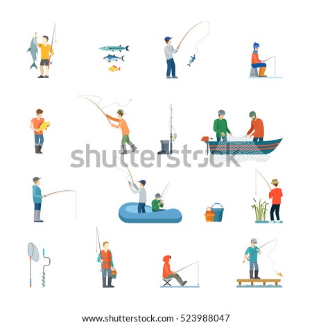 Flat Fisherman with fish or in boat, holding net or fishing rod vector illustration icon set. Vacation concept.