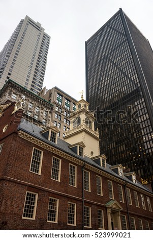 Old State House in Financial district of downtown Boston, Massachusetts, the United States.