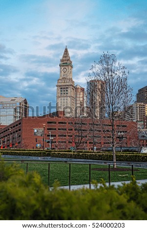 Financial District and Custom House Tower, and North End Park at Cross Street in Boston, Massachusetts, the United States.