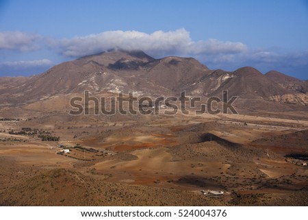 Hills, mountains, and valleys behind the town of San Jose, southern Spain, Andalusia