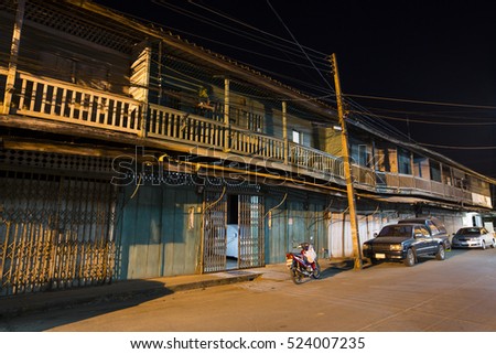 Night street old commercial building at Mae Sot, Tak, Thailand