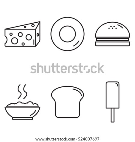 cheese, donut, hamburger, rice bowl, bread, ice cream set collection outline icons vector with white Background