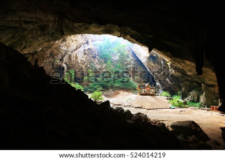beautiful landscape palace or pavilion hall between dark stone with sunlight in phraya nakhon cave at Thailand