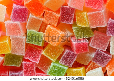 colorful candy and jelly sweet close up,  Square shape jelly candy flavor fruit, candy dessert colorful on sugar