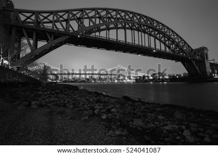 Black and white photo at Hell Gate and Triboro bridge, Astoria, Queens, New York City
