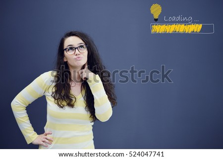 Young woman with background with drawn business chart, arrow and icons.