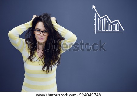 Young woman with background with drawn business chart, arrow and icons.