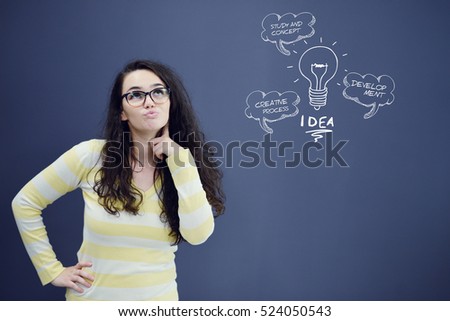 Thinking woman with idea in bubble above looking up isolated on white background