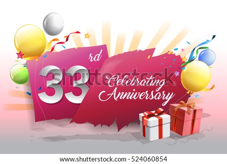 33rd anniversary celebration with colorful confetti and balloon on red background with shiny elements. design template for your birthday party.
