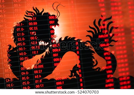 China stock exchange market trading chart. Dragon background means Chinese economy growth.