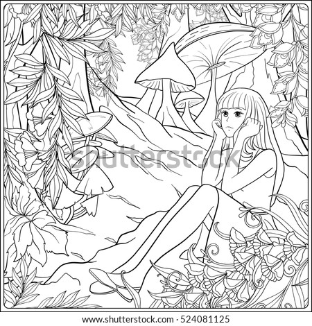 Girl Alice in the woods in the meadow with trees and mushrooms. Outline drawing coloring page. Coloring book for adult. Stock line vector illustration.