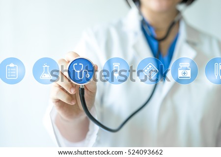 Medicine doctor & nurse working with medical icons Royalty-Free Stock Photo #524093662