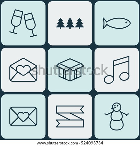 Set Of 9 Christmas Icons. Can Be Used For Web, Mobile, UI And Infographic Design. Includes Elements Such As Banner, Close, Celebrating And More.