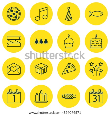 Set Of 16 Christmas Icons. Can Be Used For Web, Mobile, UI And Infographic Design. Includes Elements Such As Festive, Date, Cake And More.
