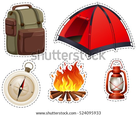Camping set with tent and campfire illustration