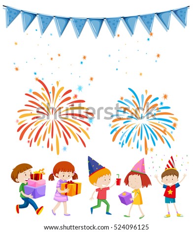 Kids at party with firework background illustration