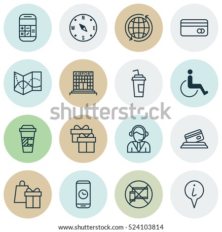 Set Of 16 Airport Icons. Can Be Used For Web, Mobile, UI And Infographic Design. Includes Elements Such As Device, Phone, Paralyzed And More.