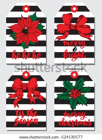 Christmas gift tags set. Vector illustration. Creative Hand Drawn textures for winter holidays.