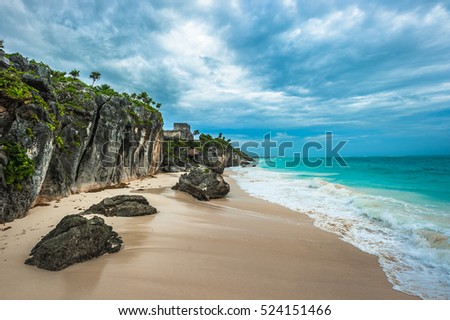 White sand beach and ruins of Tulum, Yuacatan, Mexico
 Royalty-Free Stock Photo #524151466