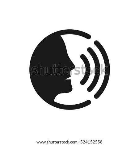 Voice command control with sound waves icon. Black man head silhouette speaking logo. Royalty-Free Stock Photo #524152558