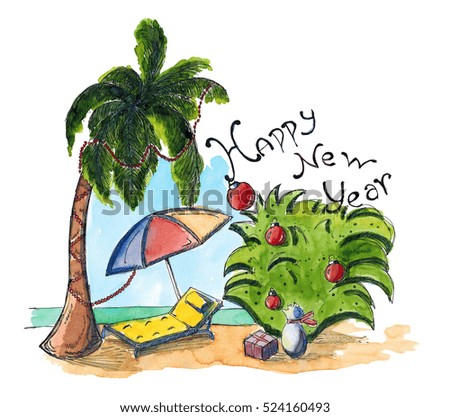 Watercolor hand drawn sketch of palm tree in Christmas garland, gifts, chaise lounge on the beach under an umbrella with lettering Happy New Year isolated.