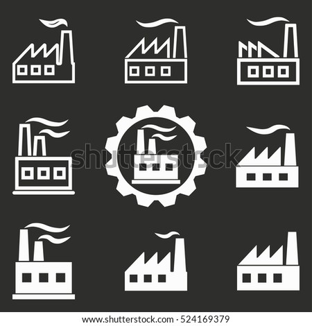 Factory vector icons set. White illustration isolated on black background for graphic and web design.