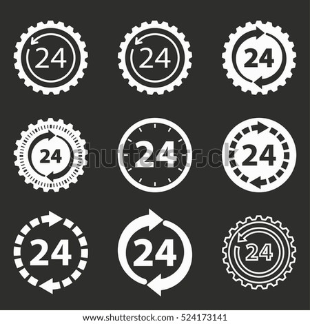 24 hour service vector icons set. White illustration isolated on black background for graphic and web design.