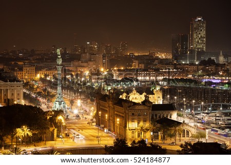 Barcelona skyline and cityscape by night, city centre