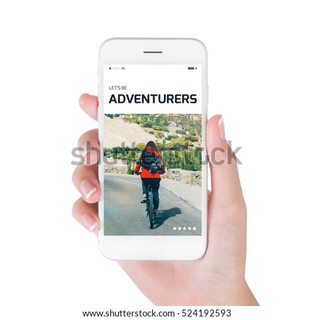 woman using her smart phone for searching the travel information of bike cycling in Himalayan. Traveling concept, isolated on white background.